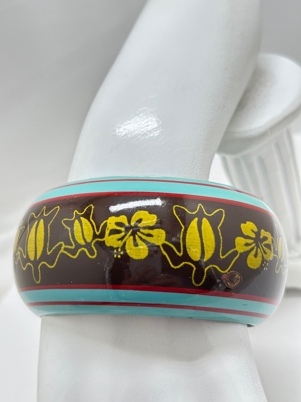 Vintage Painted Wide Bangle Bracelet, Hibiscus, Turtles, Terrapin, Brown, Blue
